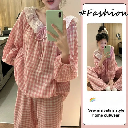 Sweet Large Collar Lace Trim Pajamas for Women with Plaid Long Sleeves and Long Pants Student Home Wear Large Size 2 Piece Set