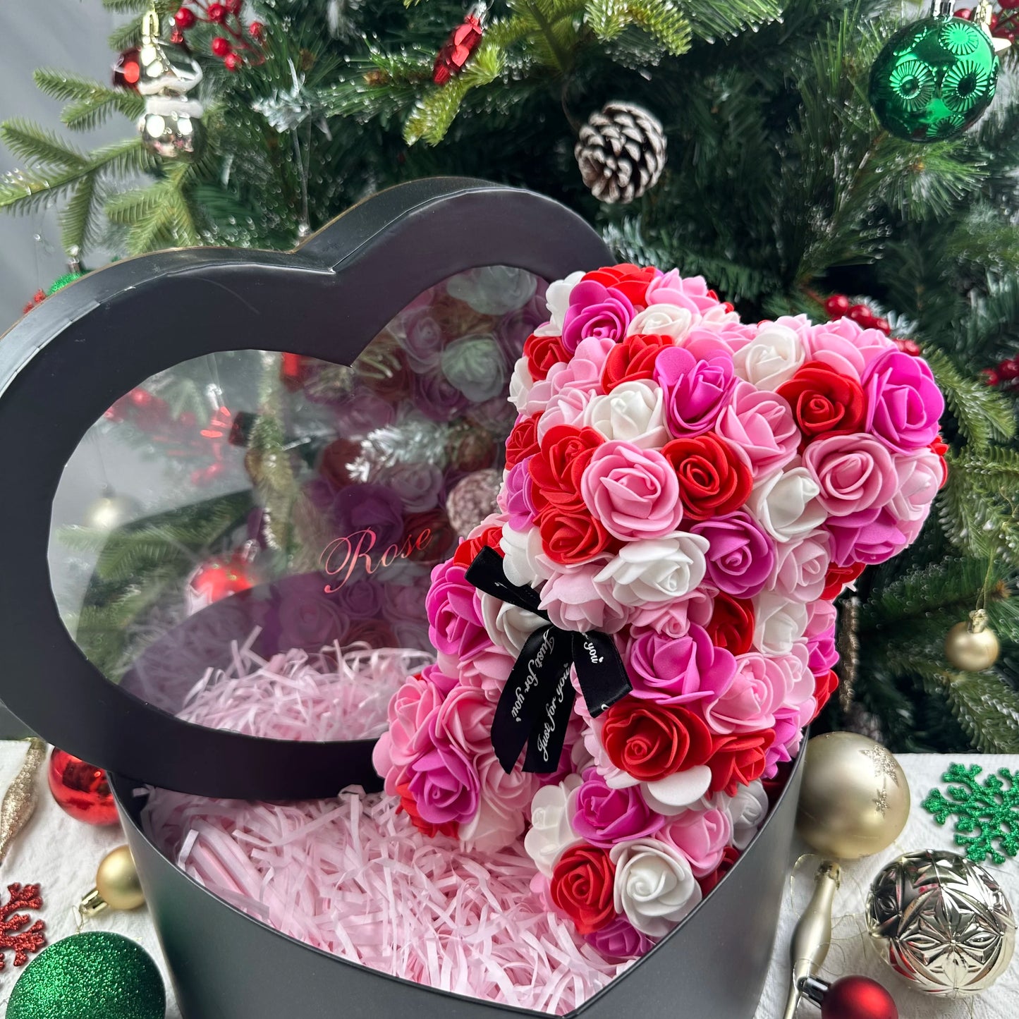 25cm Artificial Teddy Rose Flower Bear with Box.   Romantic Valentines Day Gift for Girlfriend,  Teen , Women Anniversary or Wedding Party