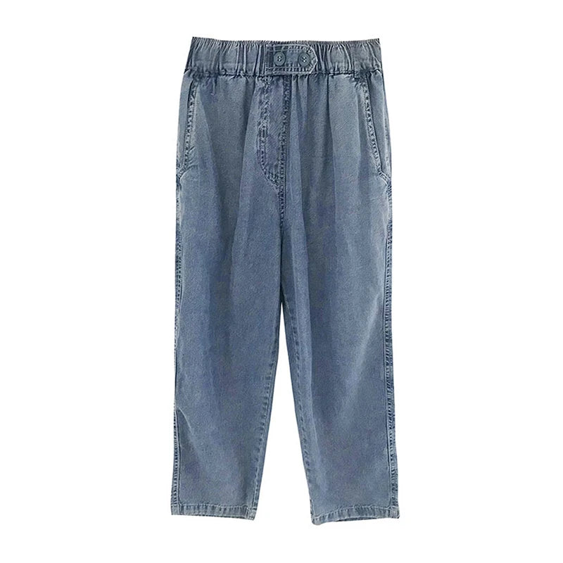 Summer Plus Size Jeans  for Woman/Girls.   Casual,  Loose,  Baggy, Denim Harem Pants with Elastic Waist,  Thin Cotton Jeans Ankle-Length