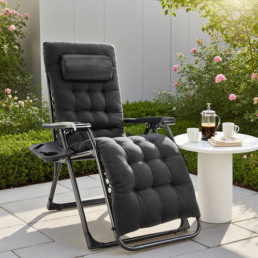 Zero Gravity Recliner,  Camping/ Patio Lounge Chair,  Folding Portable Recliner with Cup Holder,  Trays Removable Cushion For Outdoor Garden