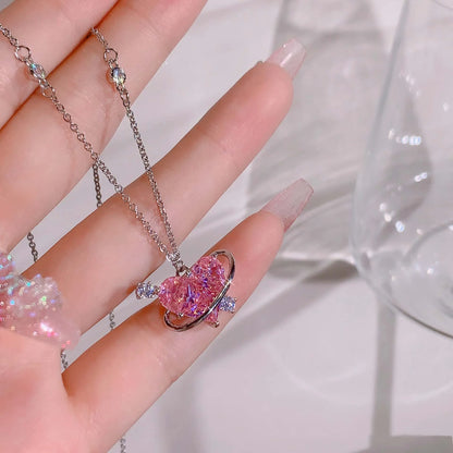 Fashion Pink Crystal Heart Bow Tie Pendant Necklace. Silver Color Chain.  Necklace for Women on Valentines for Aesthetic Jewelry