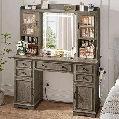 Farmhouse Vanity Desk with LED, Lighted Mirror, Makeup Table with RGB Storage 5-Drawer,  6-Shelf Dressing Table for Bedroom, Customized