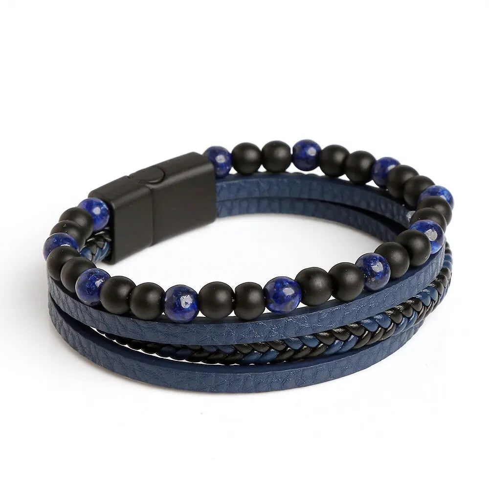 Men Leather Bracelet, Classic Fashion Tiger Eye Beaded Multi Layer Leather Bracelet For Men Jewelry Gift