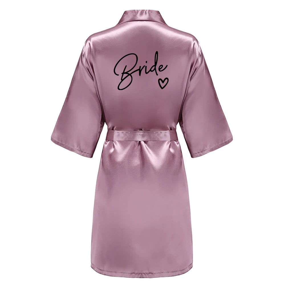 Wedding Party Team Bride Robe With Black Letters, Kimono Style Satin Bridesmaid Bathrobes