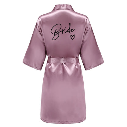 Wedding Party Team Bride Robe With Black Letters, Kimono Style Satin Bridesmaid Bathrobes