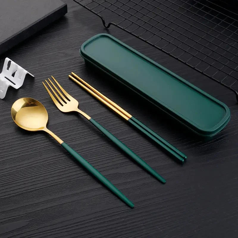 3pcs Thin Portuguese portable stainless steel cutlery  including chopsticks, forks, spoons, student, home,  outdoor,  picnic tableware.  REALLY attractive with the Forest Green Dinnerware.