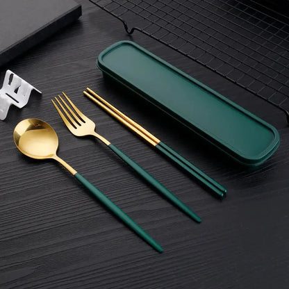 3pcs Thin Portuguese portable stainless steel cutlery  including chopsticks, forks, spoons, student, home,  outdoor,  picnic tableware.  REALLY attractive with the Forest Green Dinnerware.