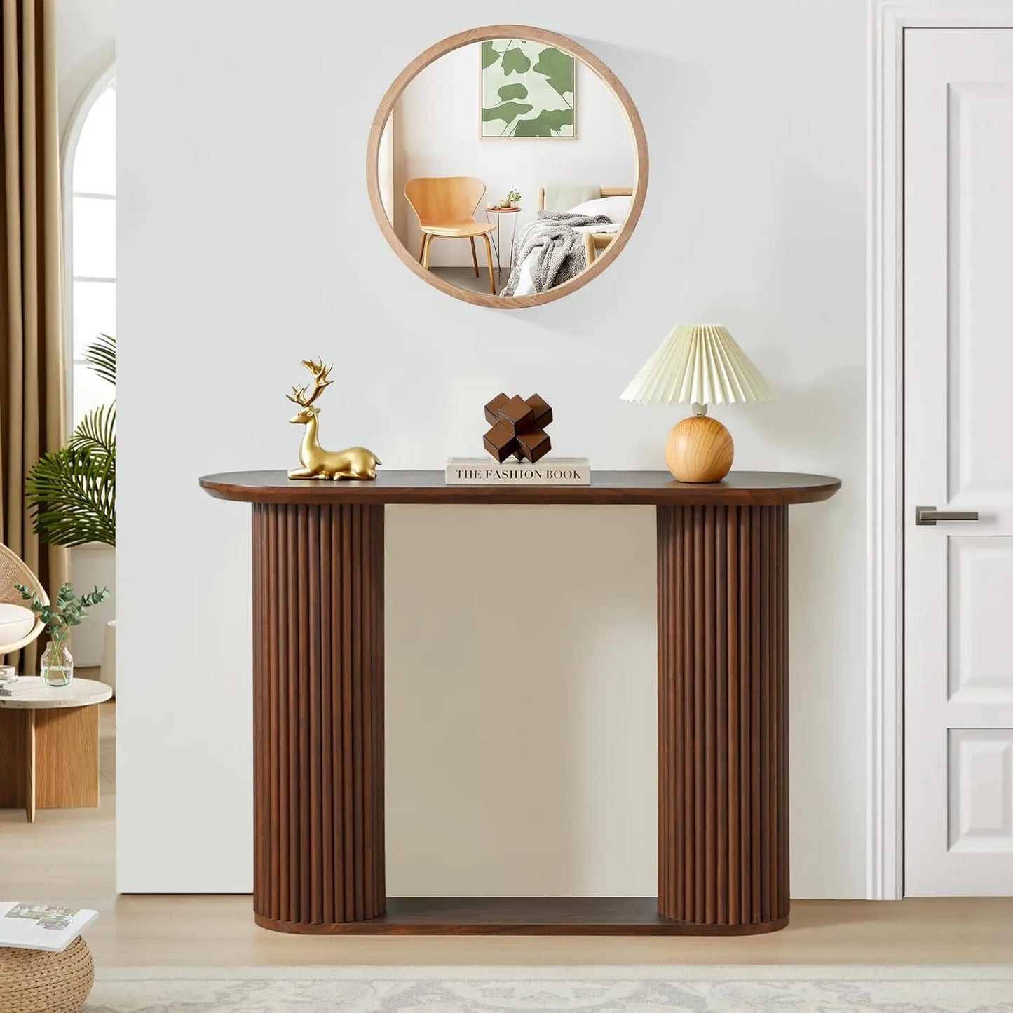 Fluted Oval Console Table with Storage Wood Legs Narrow Entry Hallway Living Room Customized