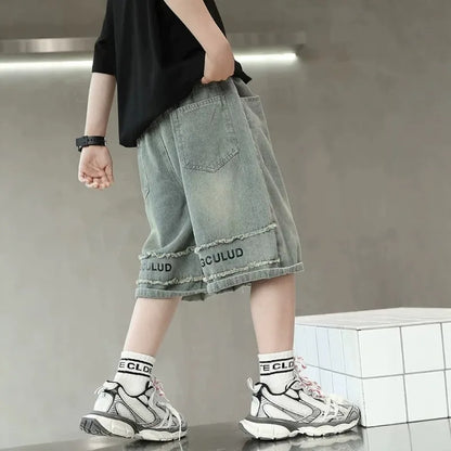 Boys Denim Shorts,  Summer, Half-length Jeans with Elastic Waist Letter Patch, Shorts 4-14YRS