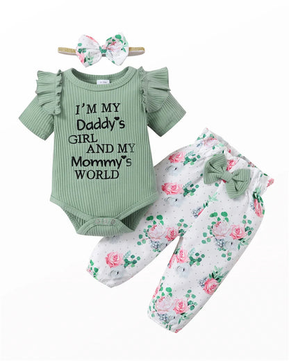 Newborn Baby Girl 3PCS Clotheing  Set with  Lettering.   Short Sleeved Romper+Flowers Pant+Bowknot,  Headband for weather.  Summer  Outfit