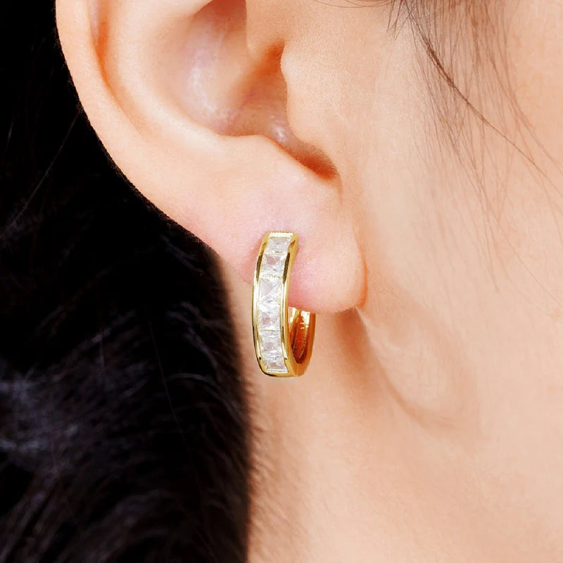 Classic Design Hoop Earrings,  Full with Princess Square CZ's.   Simple and Elegant Accessories Versatile Jewelry Perfect for MOTHERS DAY Gift