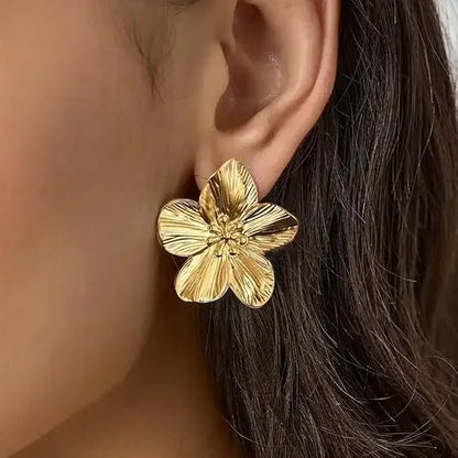 Stainless Steel Golden Double-Layer Hollow Flower Hoop Earring for Women.  Vintage Flower Earrings for  MOTHERS DAY and Daily Wear Jewelry