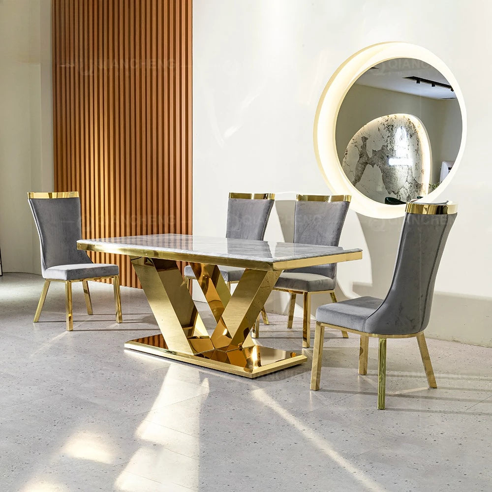 Mirror Furniture,  6 Seats Dining Table, Gold Marble,  Deluxe Glass Dining Table
