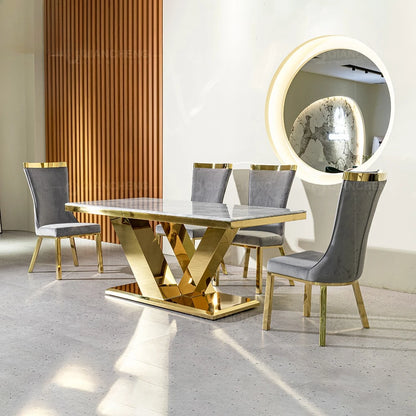 Mirror Furniture,  6 Seats Dining Table, Gold Marble,  Deluxe Glass Dining Table