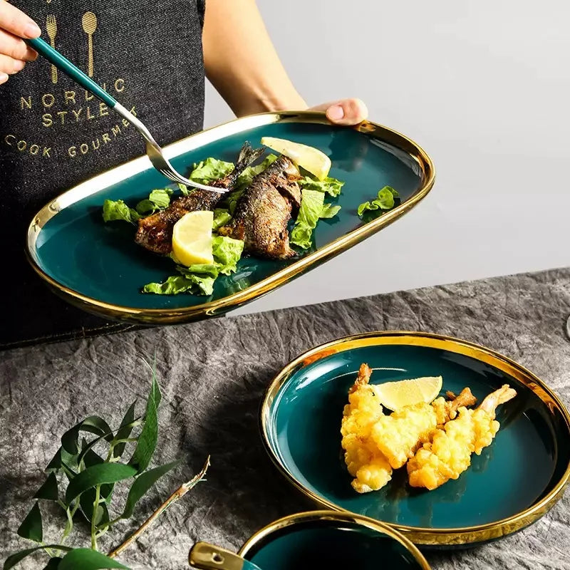 Luxury Forest Green Ceramic Dinnerware Set,  Including  Shallow Plates,  Rice,  Soup Bowls,  Fish,  Dish And Spoon