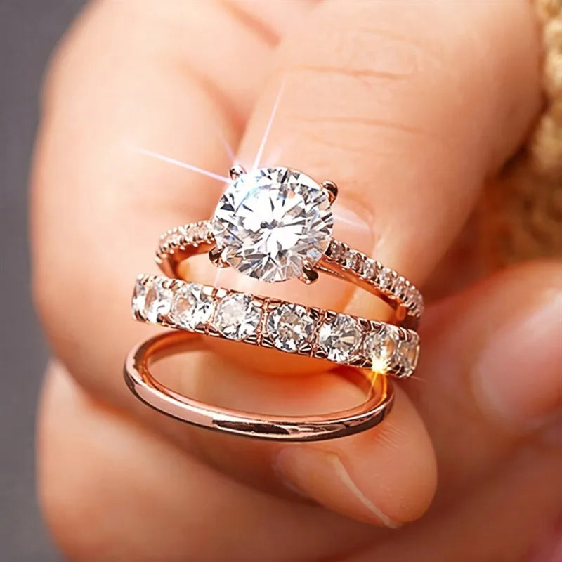 Huitan Gorgeous 3Pcs Set of Rings Female Luxury Shiny Round Zirconia Finger Jewelry Fashion Gold Color Accessories for Wedding