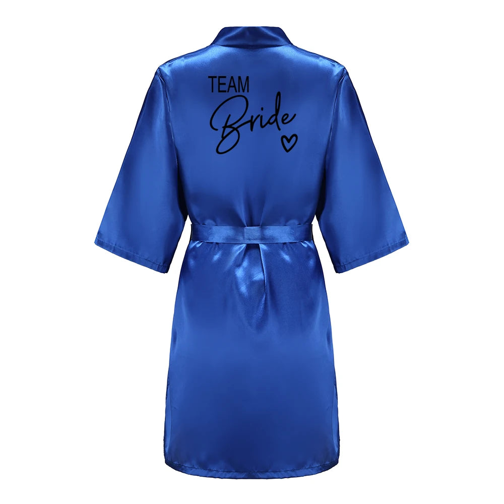 Wedding Party Team Bride Robe With Black Letters, Kimono Style Satin Bridesmaid Bathrobes