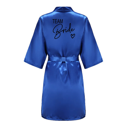 Wedding Party Team Bride Robe With Black Letters, Kimono Style Satin Bridesmaid Bathrobes
