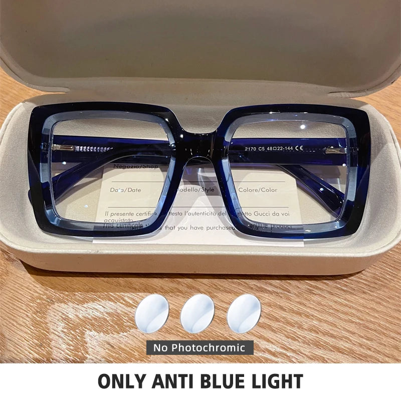 Square, Photochromic,  Blue-Light Blocking, Large Frame Eyeglasses, Reading Glasses Ladies Prescription Myopia Glasses