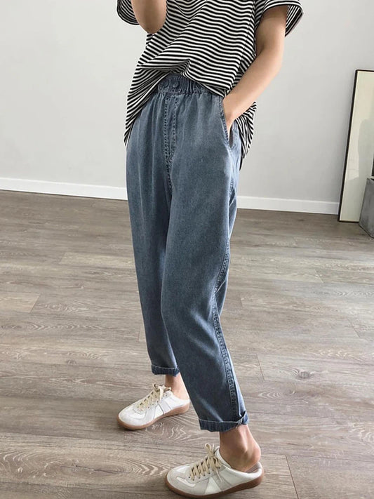 Summer Plus Size Jeans  for Woman/Girls.   Casual,  Loose,  Baggy, Denim Harem Pants with Elastic Waist,  Thin Cotton Jeans Ankle-Length