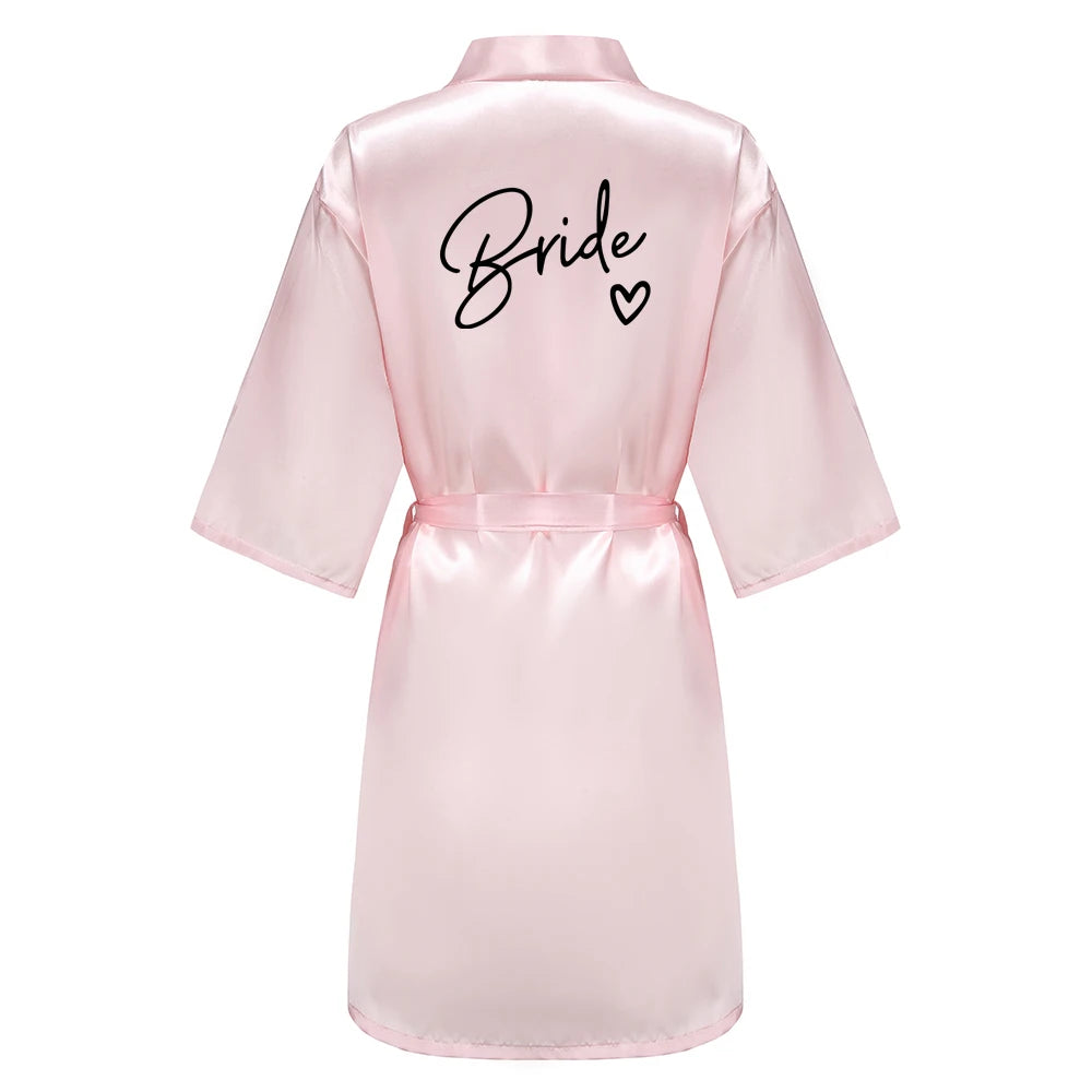 Wedding Party Team Bride Robe With Black Letters, Kimono Style Satin Bridesmaid Bathrobes