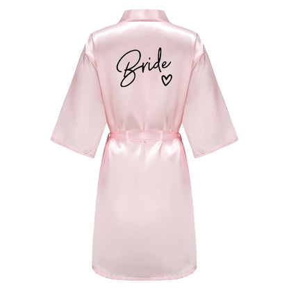 Wedding Party Team Bride Robe With Black Letters, Kimono Style Satin Bridesmaid Bathrobes