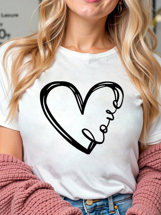 Love Heart Printed Trend,  Womens,Fashion Clothing,  Graphic T-shirts , Female Short Sleeve,Casual Tee