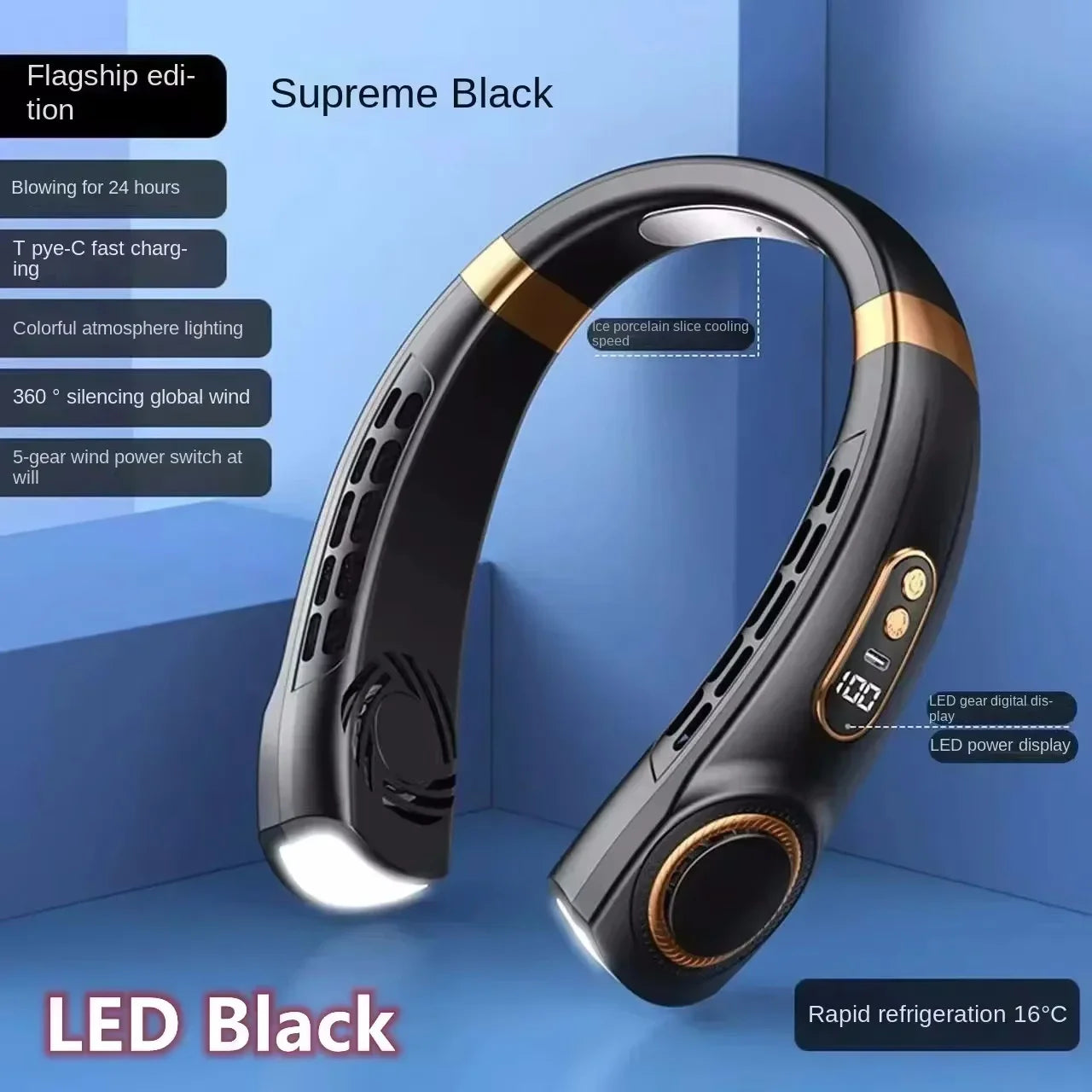 8000mAh USB Hanging Neck Fan Portable, Bladeless,  Mini Rechargeable Mute LED Digital Display, Electric Air Cooler.  Low stock on 1 blue style.  Others have good numbers in stock