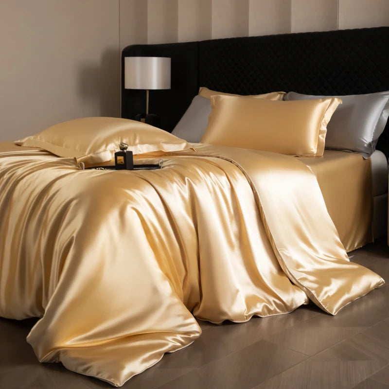Silk Bed Sheets Set,   Luxury Bedding Set with Duvet Cover,  Fitted/Flat Bedsheet,  Pillowcases, Mixed with Rayon, King /Queen/ Full T/win