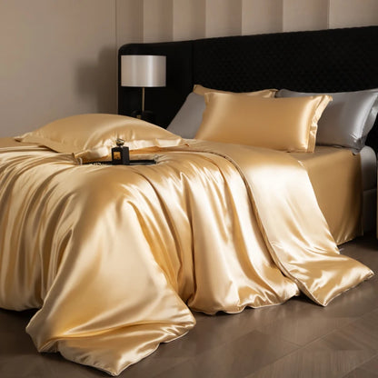 Silk Bed Sheets Set,   Luxury Bedding Set with Duvet Cover,  Fitted/Flat Bedsheet,  Pillowcases, Mixed with Rayon, King /Queen/ Full T/win