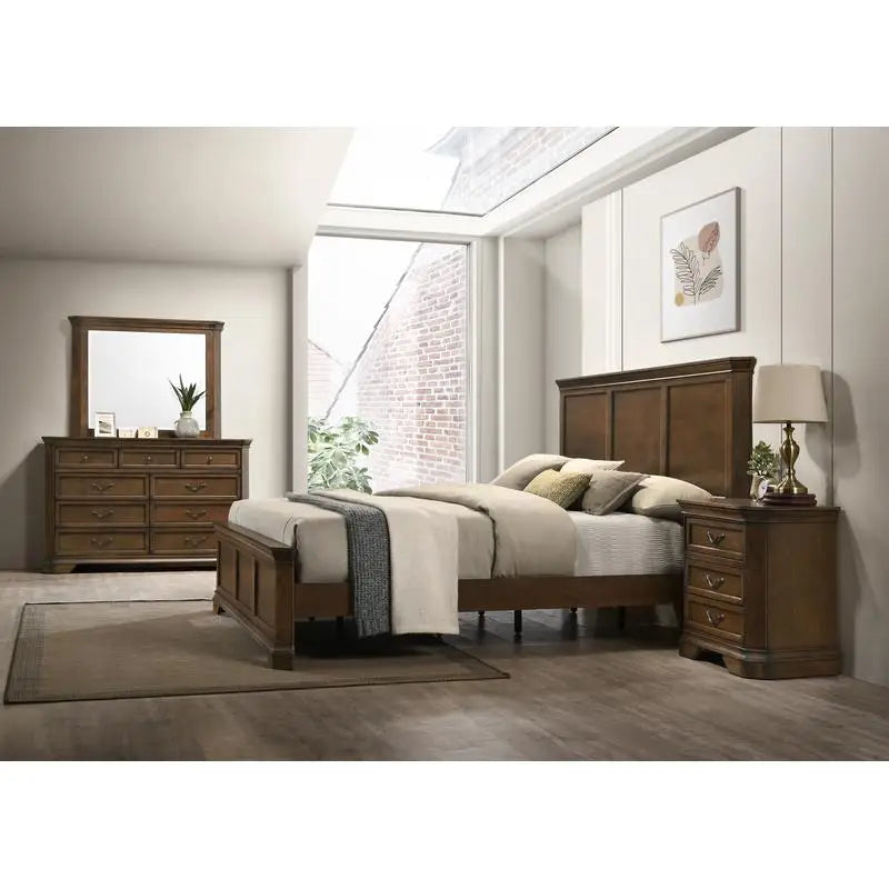 Queen Size Wooden Panel Bed Set with Dresser, Mirror & Nightstands