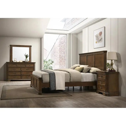Queen Size Wooden Panel Bed Set with Dresser, Mirror & Nightstands