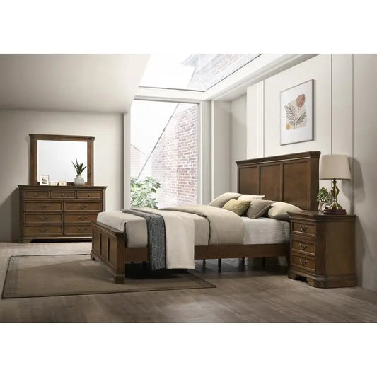 Queen Size Wooden Panel Bed Set with Dresser, Mirror & Nightstands