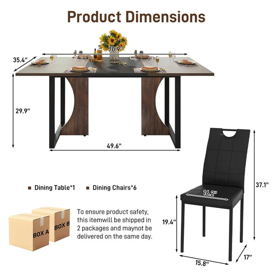 71" Large Wooden Dining Table Set 7PCS/ 6 Chairs for Kitchen or Dining Room, Brown Black, Customized