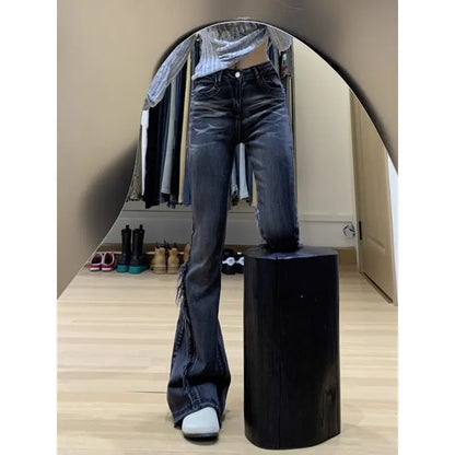 Retro American High Waist,  Slimming  and Stretchy Denim Jeans  for Women/Girls. Flared Bell Bottoms with Frayed Edges