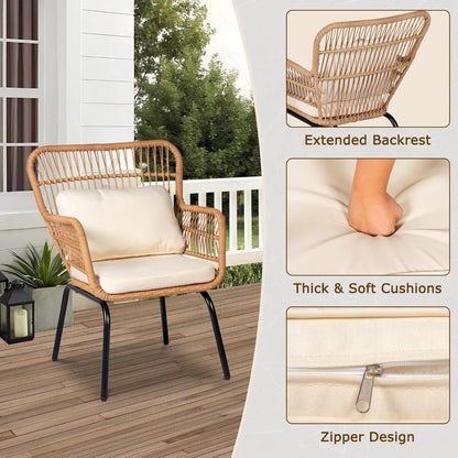 3 Piece Outdoor Wicker Bistro Set, Patio Conversation Sets w/2 Large Rattan Chairs and Tempered Glass Table, Patio Furniture. Small enough for a small porch or Garden Area