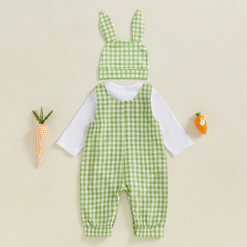My First Easter Baby Boy Outfit,  Bunny Embroidery Farm Romper with  Plaid Overall,   Bunny  Earson  Hat.  Newborn Baby Easter Clothes