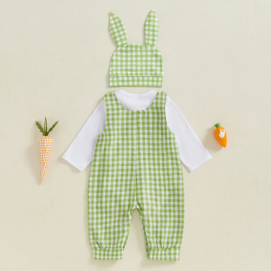 My First Easter Baby Boy Outfit,  Bunny Embroidery Farm Romper with  Plaid Overall,   Bunny  Earson  Hat.  Newborn Baby Easter Clothes
