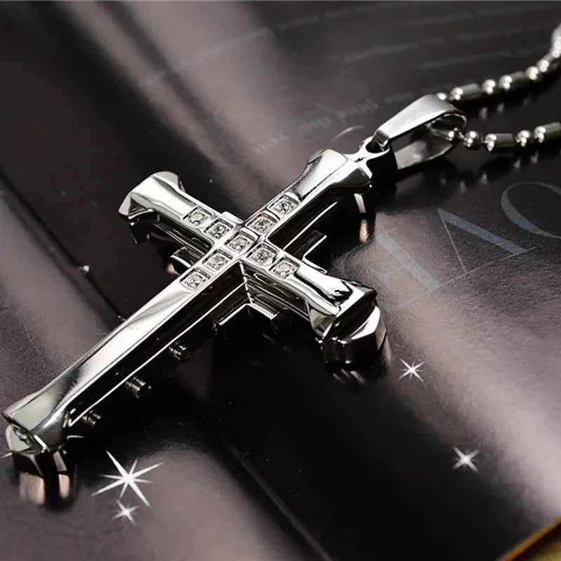 New Male Crystal Cross, Pendant in Silver/Gold/Black/Blue Color,  Zirconia Cross Pendant / Necklace. Stainless Steel Jewelry.  Black is most available.  Blue is Least available, then Silver, then gold.
