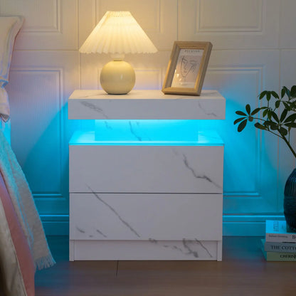 Cube LED Nightstand with 2 Drawers, End Table with RGB LED Lights for Bedroom, Living Room, in White