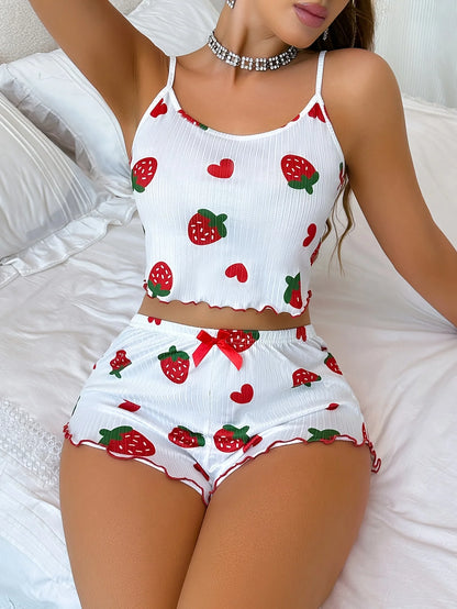 Summer Strawberry Print,  2 Piece Pajama Set.   Women's Casual Sleepwear Suspender Crop Tops and Shorts Comfortable Home Wear.Perfect Gift for MOTHERS DAY