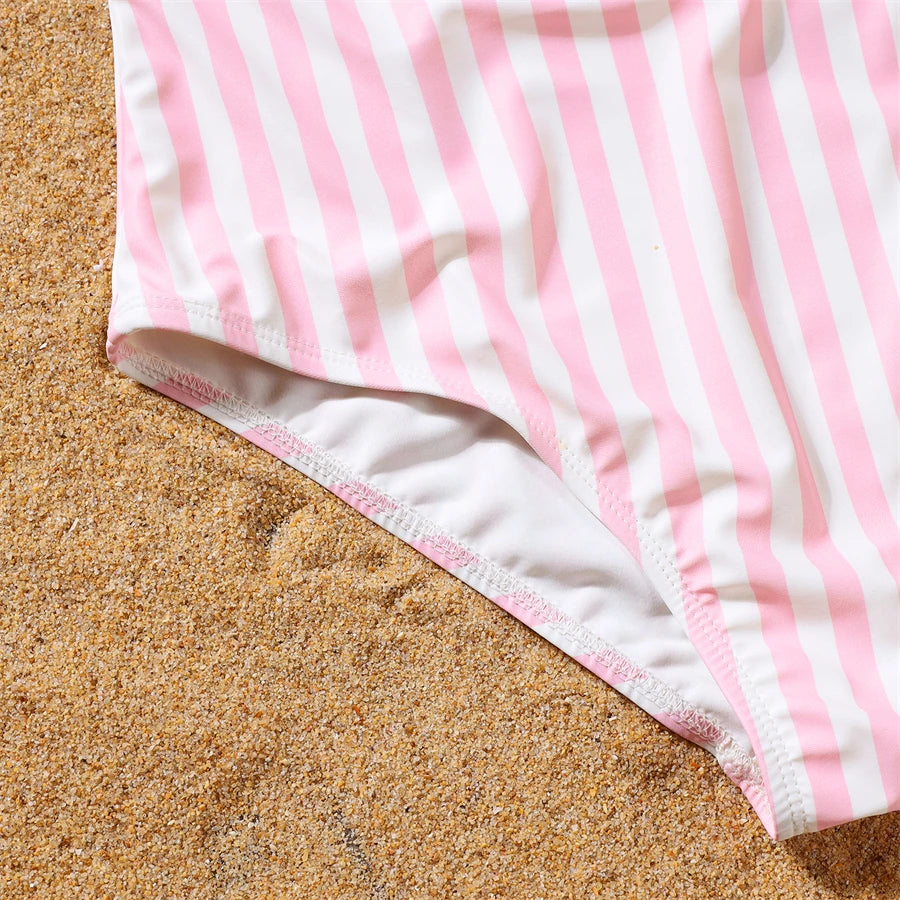Mother- Daughter Matching Swimwear,  Ruffled and  Striped Mommy and Me Swimsuits.One-Piece Womens/ Girls Dresses