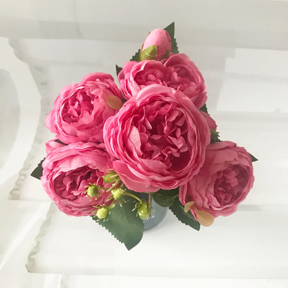 30cm Rose, Pink Silk Peony Artificial Flowers Bouquet  . 5 Big Head and 4 Bud  for Home Wedding Decoration indoor