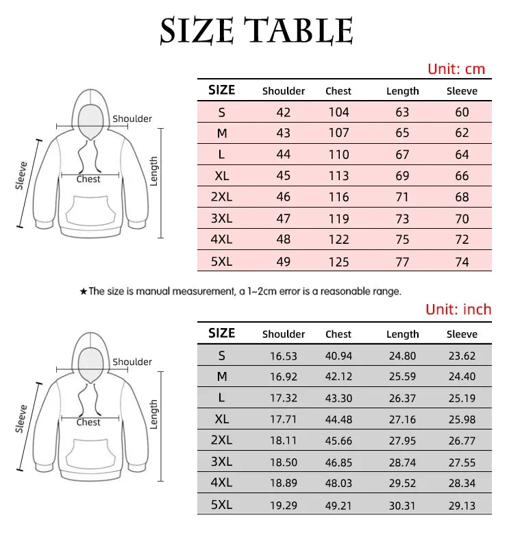 Size are from S to 5XL  Fashion 3D Printed Color Pattern Men's Hoodie Casual Loose Design Pullover Top. Men's Hoodies, having so many fun colors and patterns would look great on Women and Girls.   Don't cha" think?
