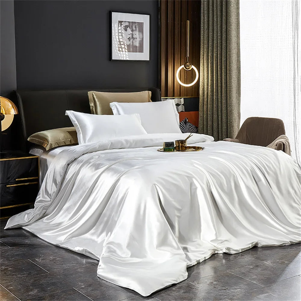 Solid Silk Bedding Set with Duvet Cover, Bed Sheet, 2 Pillowcases Luxury Satin Single Double Bedsheet King Queen Twin Size