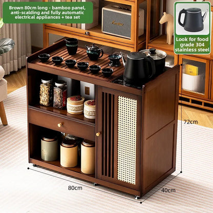 Small, Mobile tea table, Kettle integrated tea cabinet with Solid wood coffee table.  Tea cart Brewing tea table