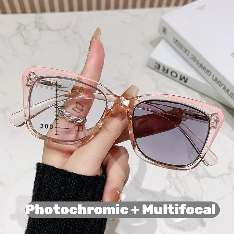 Transparent Frame, Photochromic, Multifocal Reading Glasses for Women/ Men,  Fashion Progressive,  Anti - Blue Light,  Presbyopia READERS.  THESE GLasses are LOADED with choices and features.