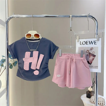 Girls Short Sleeve Summer Letter T-Shirt Tops+Shorts,  2Pcs Suit for little girls Clothes.  Sport Casual  Outfits 3-12 Years