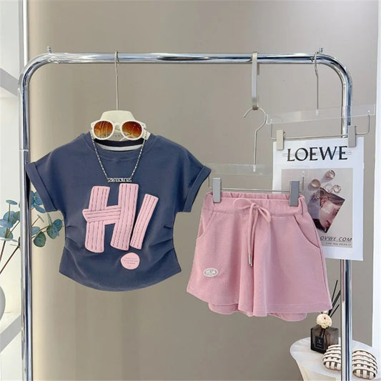 Girls Short Sleeve Summer Letter T-Shirt Tops+Shorts,  2Pcs Suit for little girls Clothes.  Sport Casual  Outfits 3-12 Years