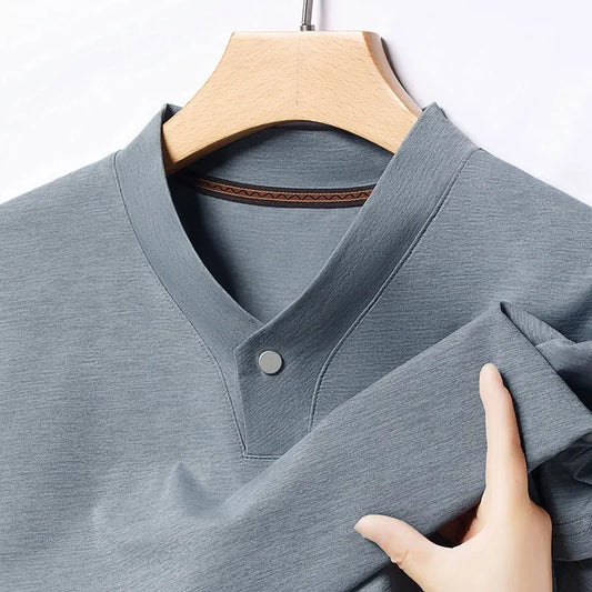 2026 Men's Casual and Fashionable One Button V-neck,  Solid Colors to choose from,  Short Sleeved T-shirt for Summer.